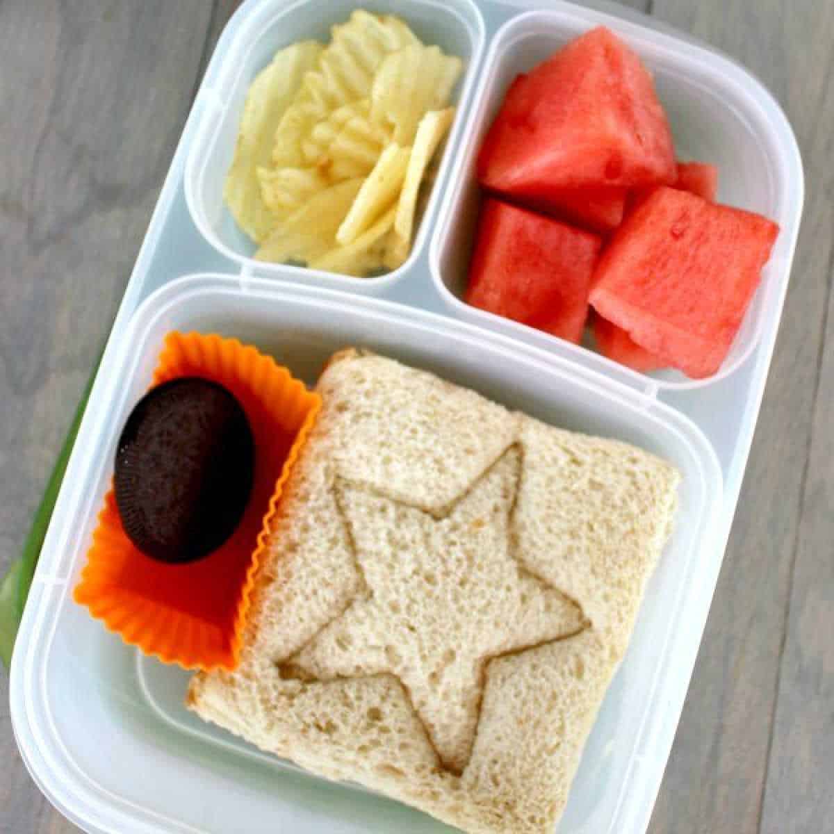 A lunchbox featuring a cookie cutter sandwich with a star imprint, a small portion of potato chips, watermelon cubes, and a chocolate cookie in an orange cup, all neatly arranged in separate compartments.