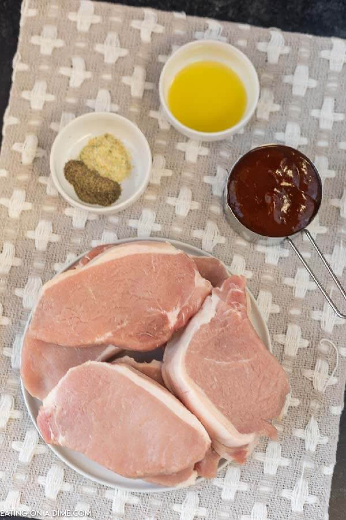 ingredients for recipe: seasonings, bbq sauce, pork chops