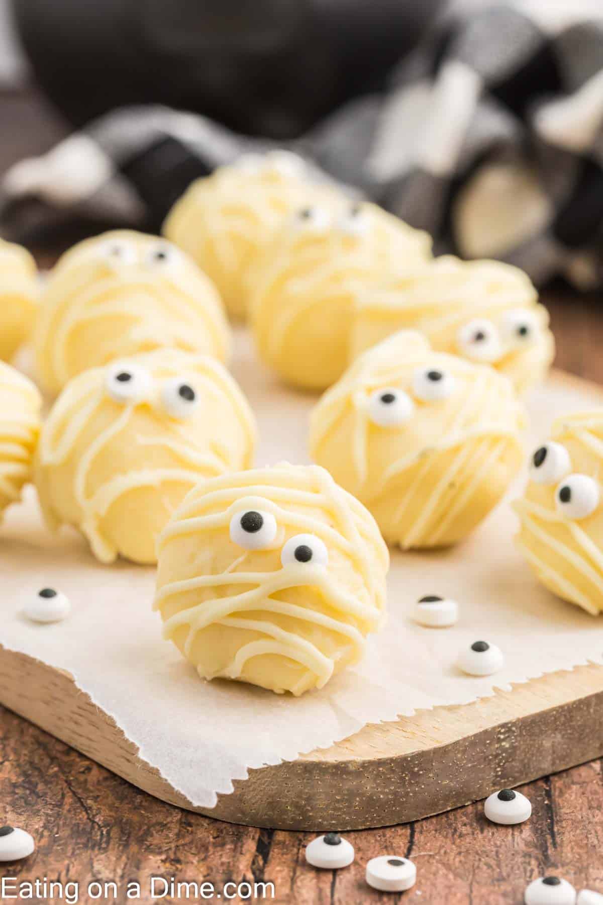 White Chocolate Mummy Truffles decorated with candy eyes