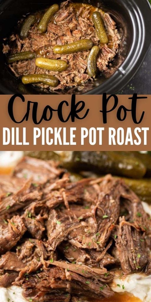 This might be the easiest crock pot recipe ever! This crockpot dill pickle pot roast recipe is a dump and go recipe that is easy to make! This slow cooker roast and pickle gravy is simple but still packed with tons of flavor! #eatingonadime #crockpotrecipes #slowcookerrecipes #beefrecipes #picklerecipes   