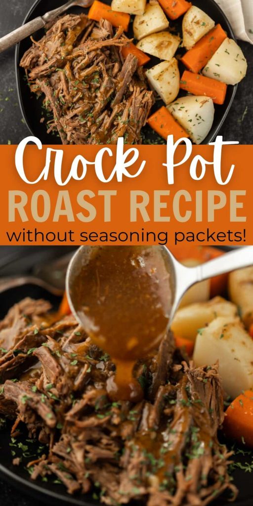 Learn how to make this delicious and easy Crock Pot Roast Recipe without any seasoning packets. It is simple, amazing and gluten free. This slow cooker roast and potatoes with vegetables is made with simple ingredients but still packed with tons of flavor.  This is one of the best beef recipes ever!  #eatingonadime #crockpotrecipes #slowcookerrecipes #roastrecipes   