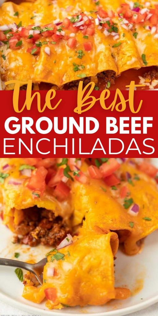 Make this Easy Ground Beef Enchiladas Recipe when you need a quick but tasty dinner idea. Get all the flavors of enchiladas in just minutes with the ground beef enchiladas with red sauce and corn tortillas recipe.  This is the most affordable and easiest ground beef enchiladas recipe! #eatingonadime #enchiladasrecipe #beefrecipes #mexicanrecipes   