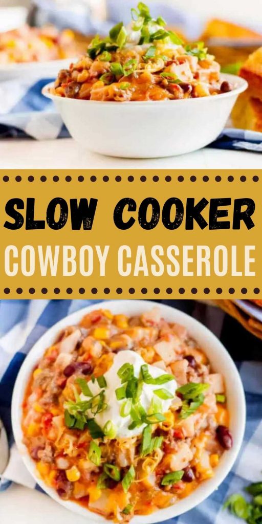 Crockpot Cowboy Casserole has all you need for an easy meal in the slow cooker. Each bite of this Cheesy Cowboy casserole crock pot recipe is loaded with tons of flavor.  I love easy recipes made in a slow cooker and this is one of my favorite super easy crock pot meals! #eatingonadime #crockpotrecipes #slowcookerrecipes #beefrecipes   