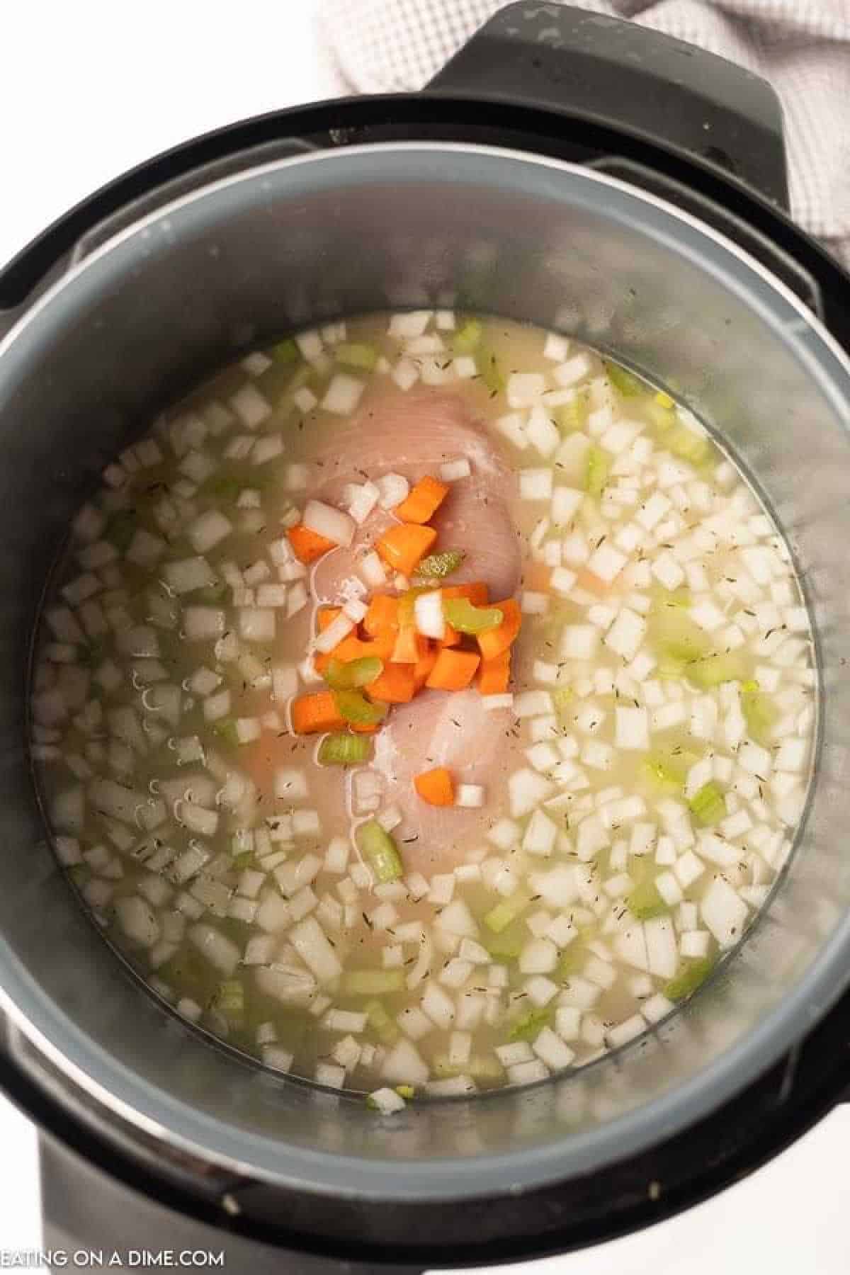 Chicken breast in the instant pot with broth, chopped onions, celery, and carrots