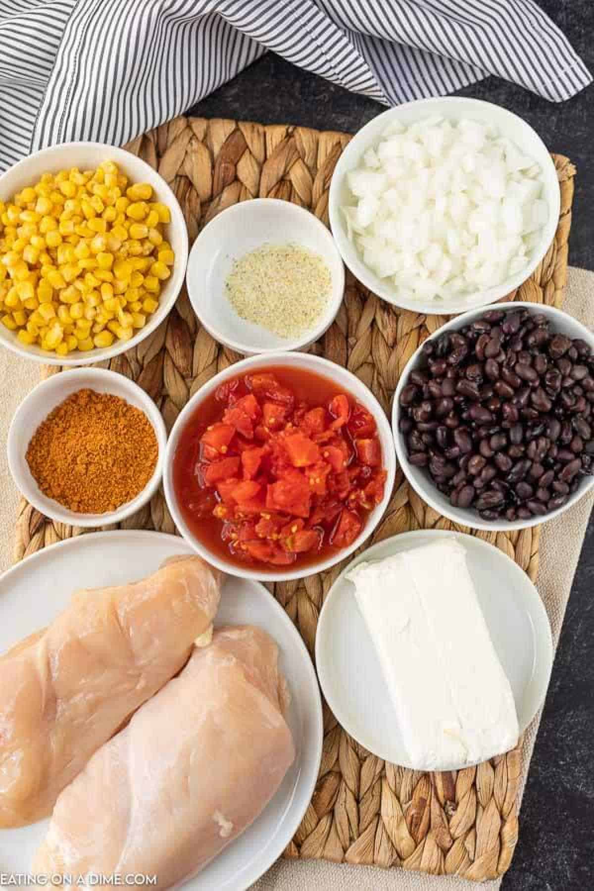 Ingredients - Chicken breasts, black beans, corn, onion, diced tomatoes, chicken broth, taco seasoning, garlic salt, cream cheese