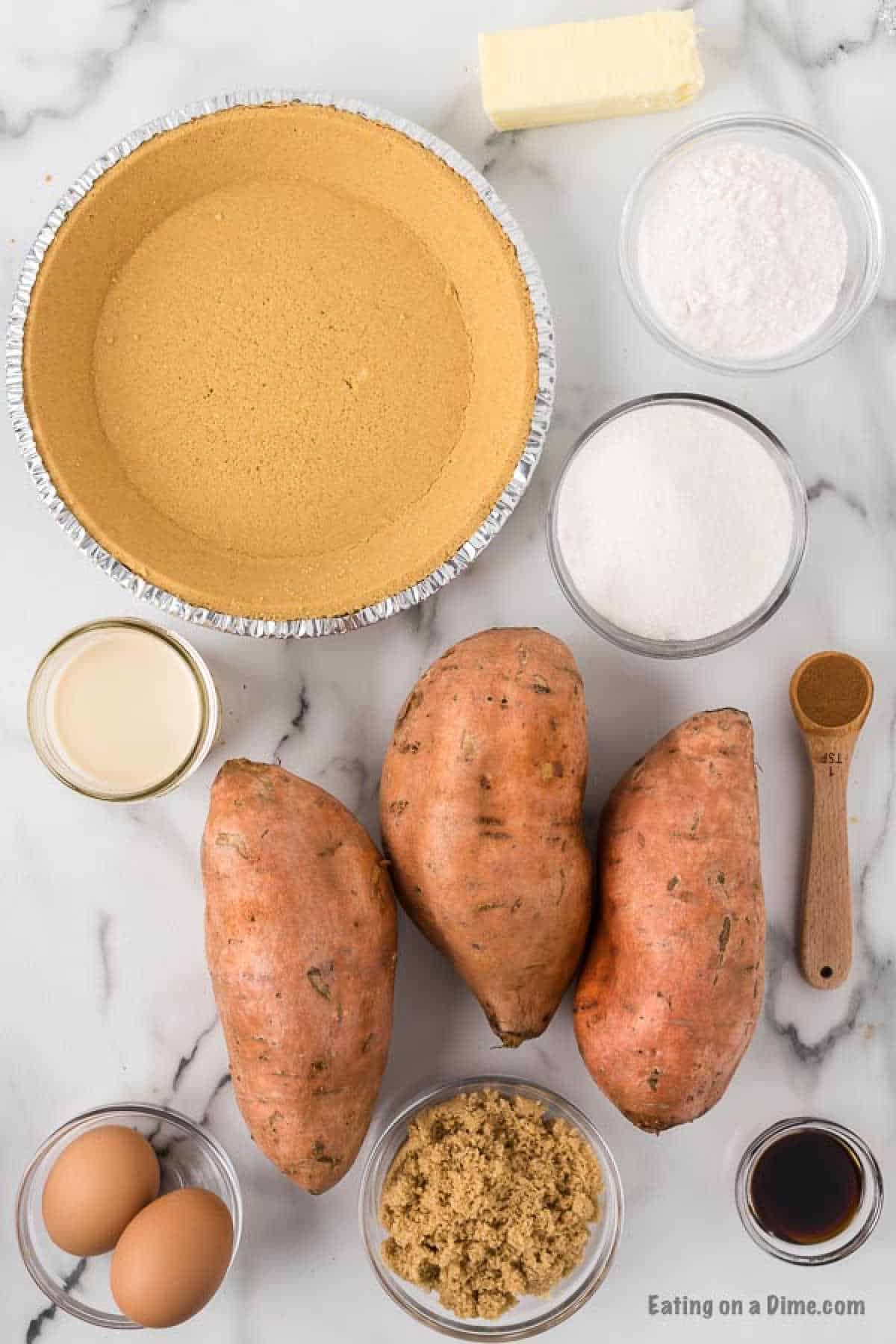 Ingredients - Sweet potatoes, sugar, brown sugar, vanilla pudding mix, evaporated milk, eggs, butter, cinnamon, vanilla, graham cracker crust