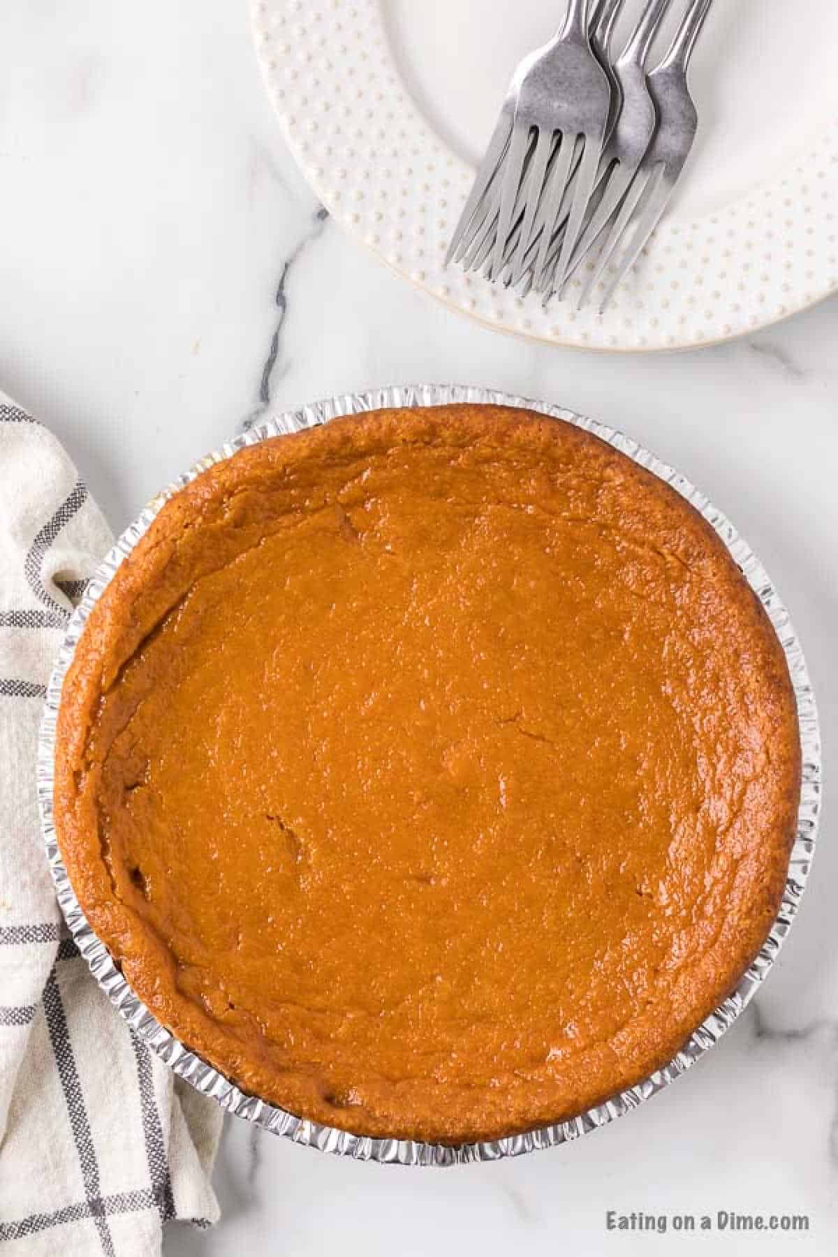 Baked sweet potato pie in a foil pan