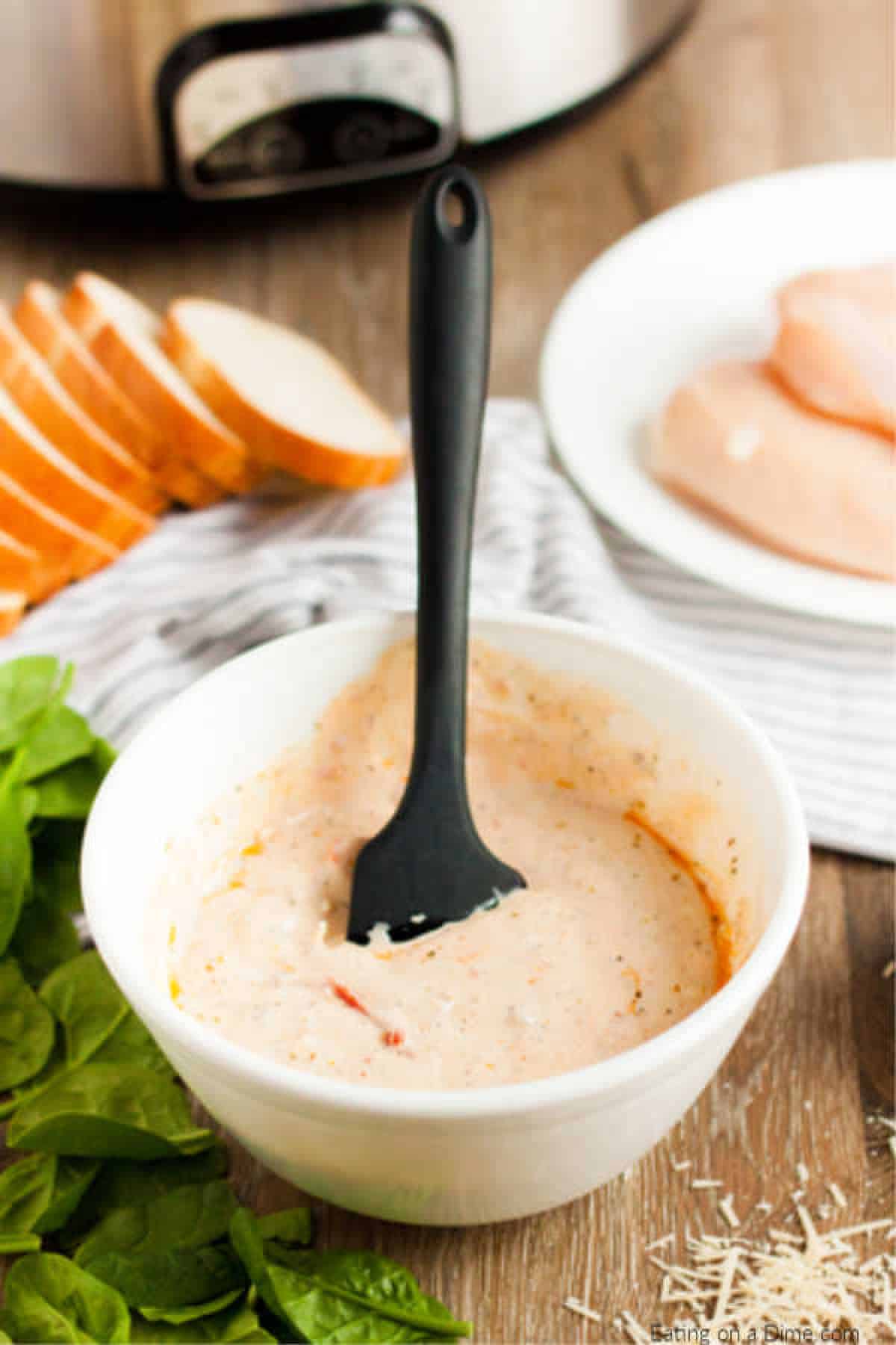 Close up image of a bowl of the creamy sauce. 