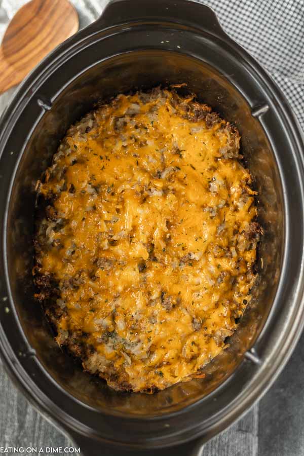 Close up image of Hamburger Casserole in the crock pot 