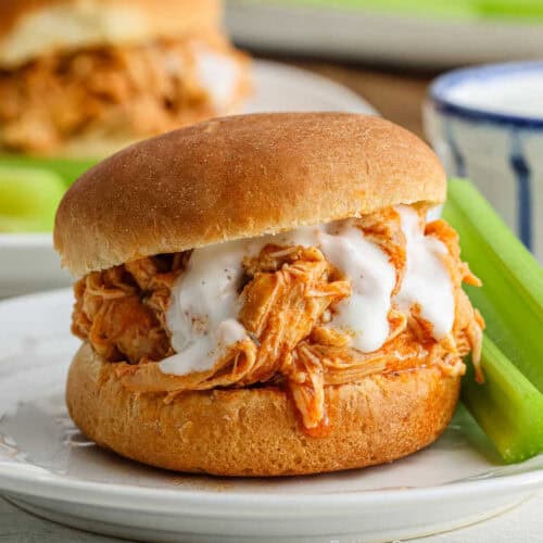 A close-up of Crock Pot Buffalo Chicken Sliders on a white plate. The sandwich features shredded chicken mixed with buffalo sauce, topped with creamy dressing inside a soft bun. Celery sticks are on the side for garnish.