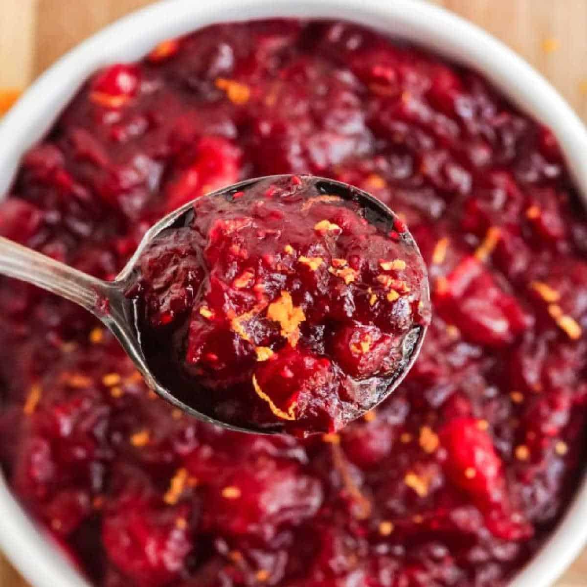 Cranberry Sauce in a bowl with a serving on a spoon