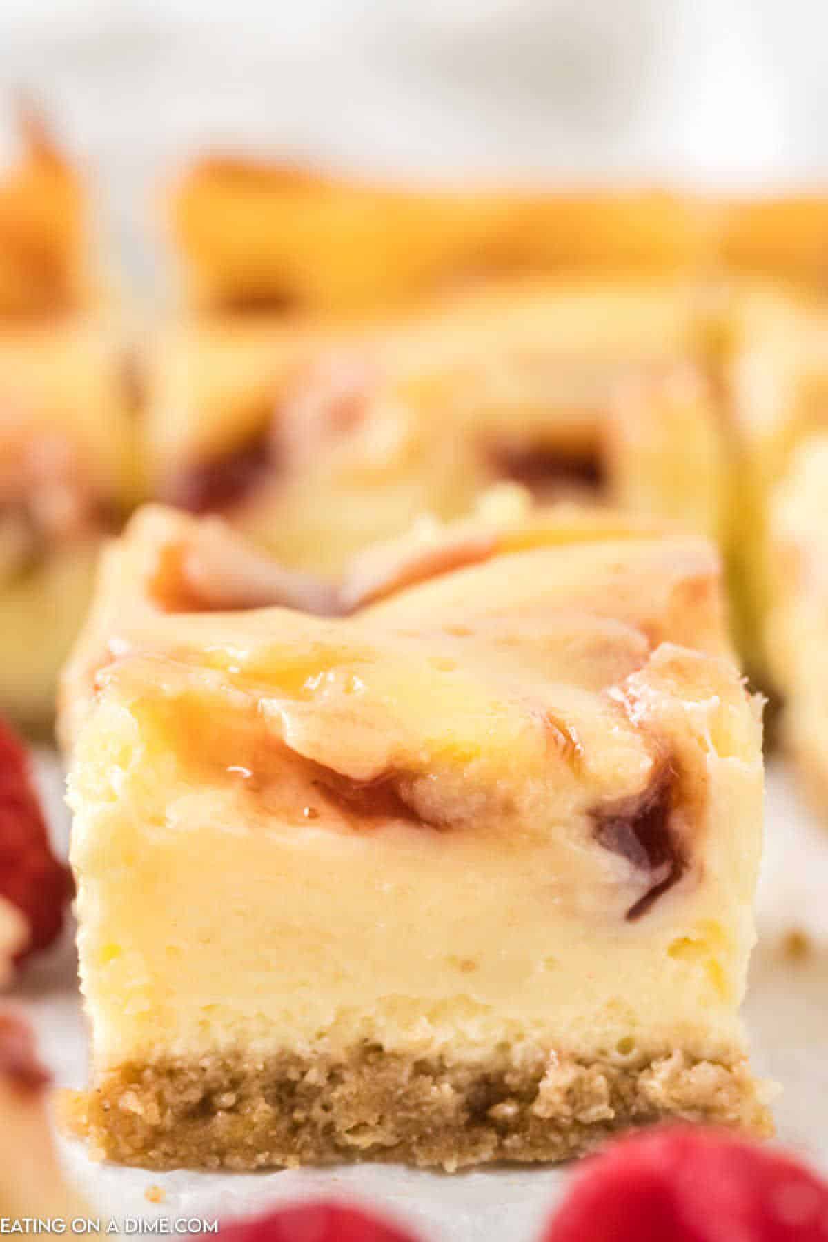 Close-up image of raspberry cheesecake bars with a graham cracker crust. The cheesecake has a marbled raspberry swirl on top, creating an inviting and creamy appearance. Fresh raspberries are blurred in the foreground, enhancing the dessert's visual appeal.