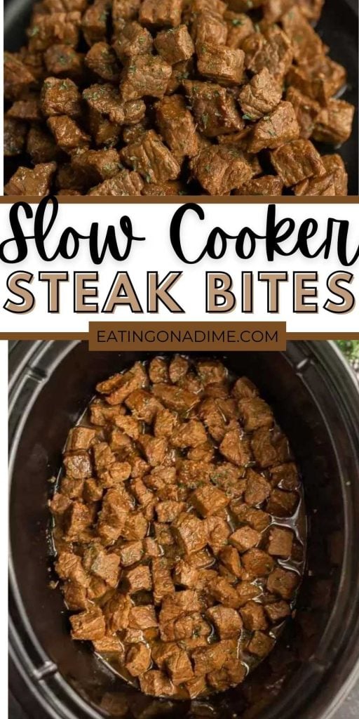 Dinner is a breeze when you make this easy Crock Pot Steak Bites Recipe. The entire family will love keto steak bites. Each bite is tender and delicious! This is one of the easiest recipes for dinner. Plus this is an easy crock pot meal.  #eatingonadime #crockpotrecipes #slowcookerrecipes #steakrecipes   