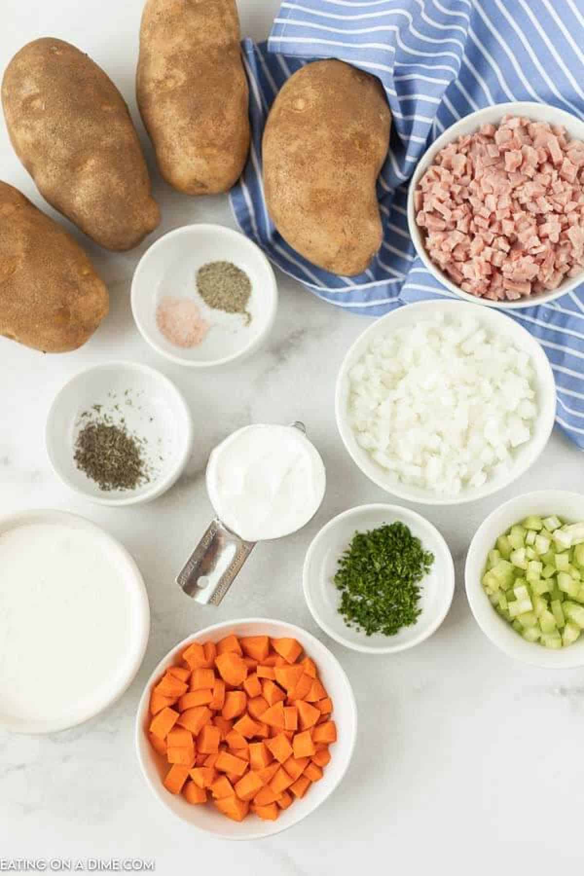 Ingredients - Russet potatoes, onion, carrots, celery, ham, parsley, thyme, salt, pepper, chicken broth, heavy cream, cornstarch, sour cream