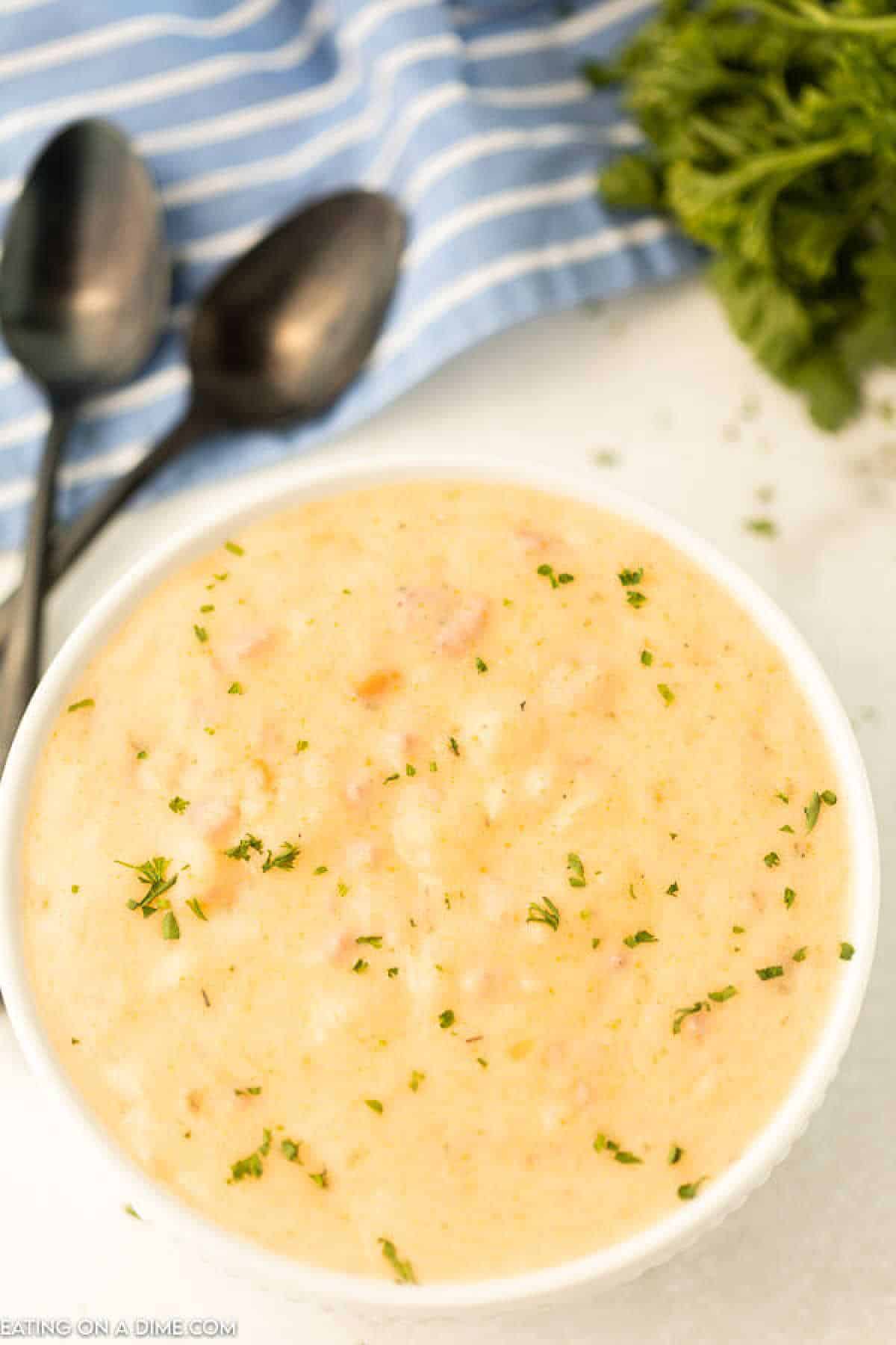 Potato and Ham Soup in a white bowl