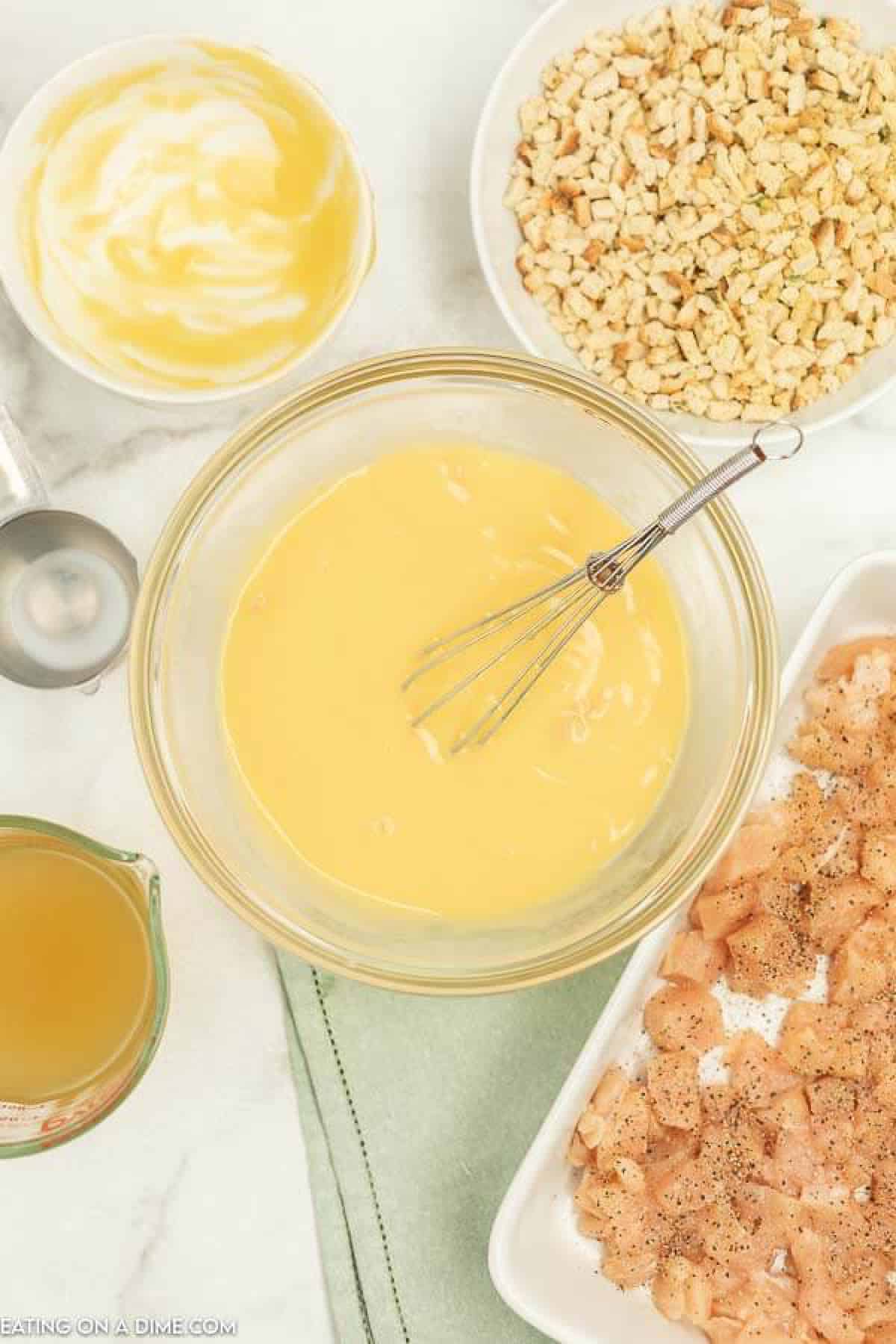 Mixing bowl with cream of chicken soup. 