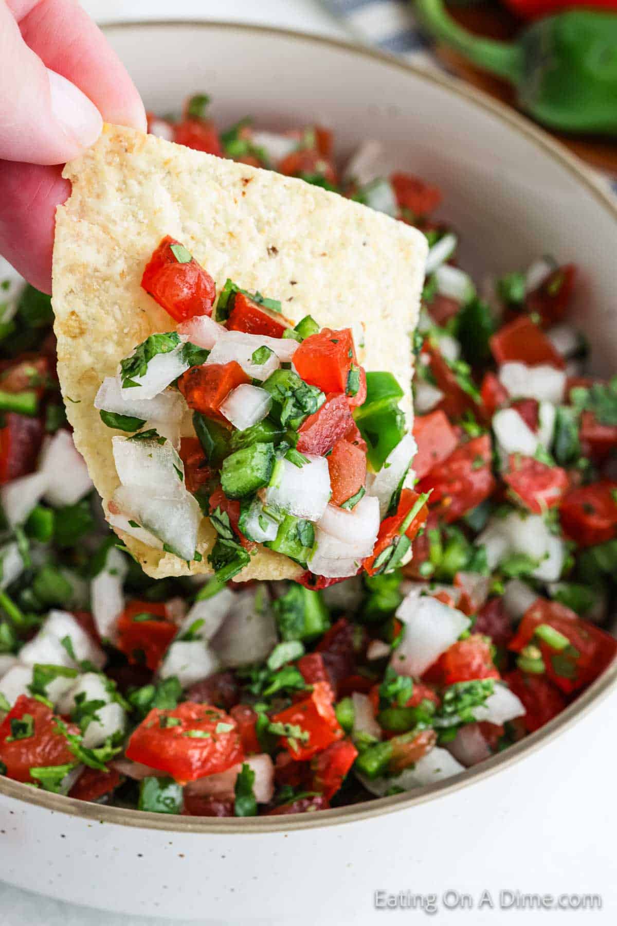 Close-up of a person holding a tortilla chip with a scoop of easy Pico De Gallo. The fresh salsa includes diced tomatoes, onions, cilantro, and jalapeños, with more vibrant salsa in the background.