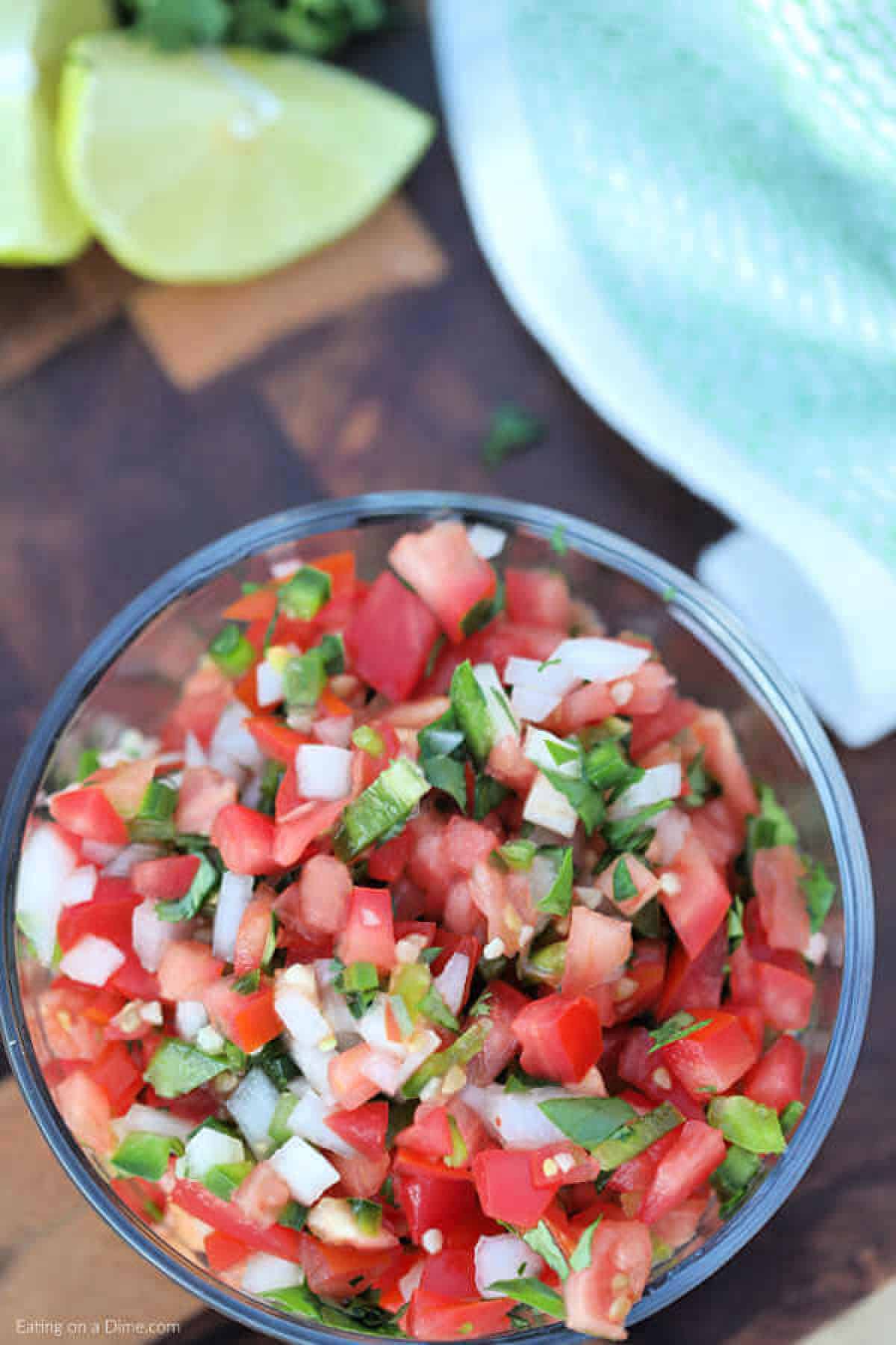 Close up image of pico de gallo in a bowl. 