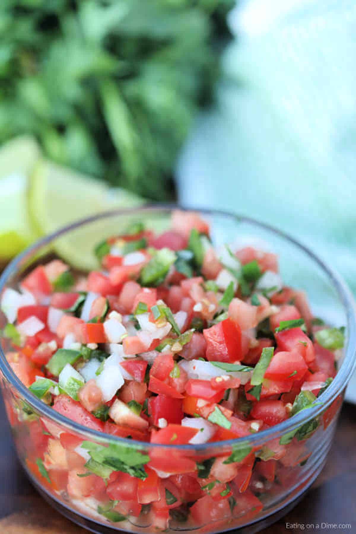 Close up image of pico de gallo in a bowl. 