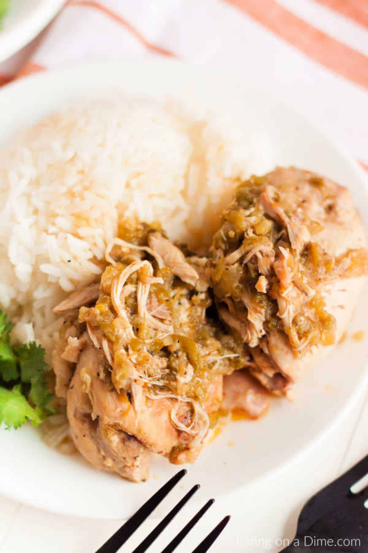 Close up image of salsa verde chicken on a white plate with a side of rice and broccoli