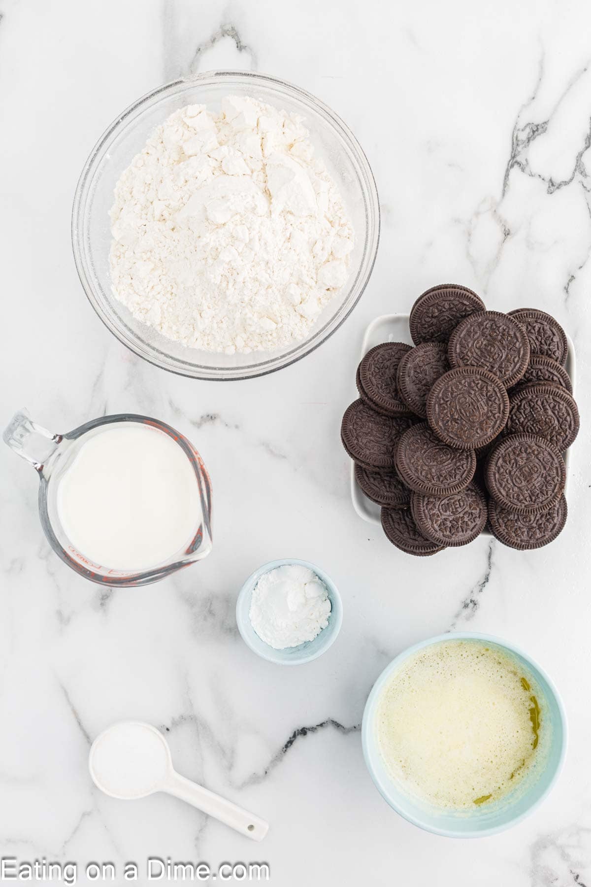 Ingredients - Flour, baking powder, sugar, milk, butter, Oreos