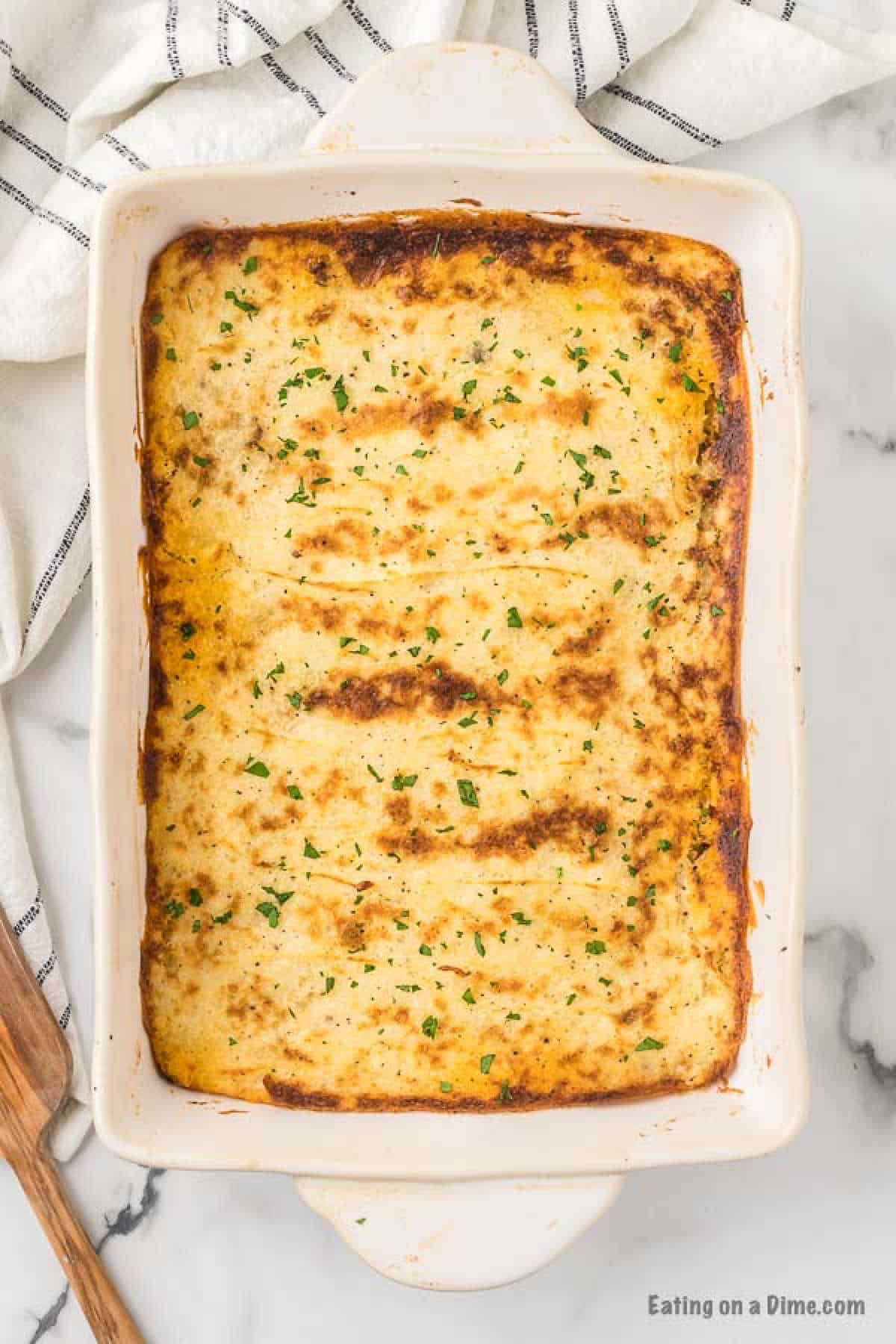 Close up image of Shepherd's Pie in a 9x13 pan.