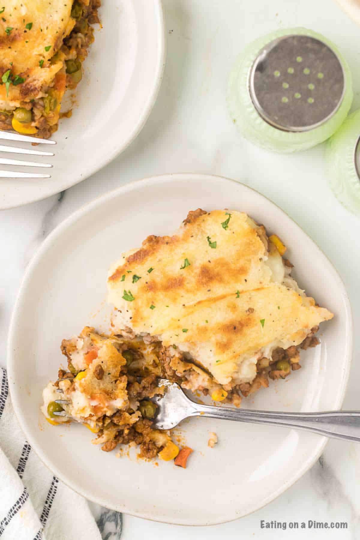 Close up image of Shepherd's Pie on a white plate with a fork. 