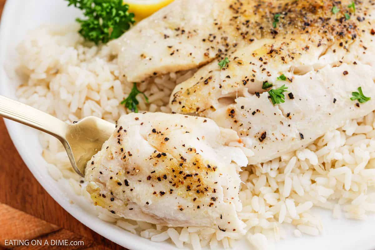 A fork holds a bite of seasoned, grilled tilapia over a plate of white rice. The dish is garnished with parsley and a lemon wedge in the background.