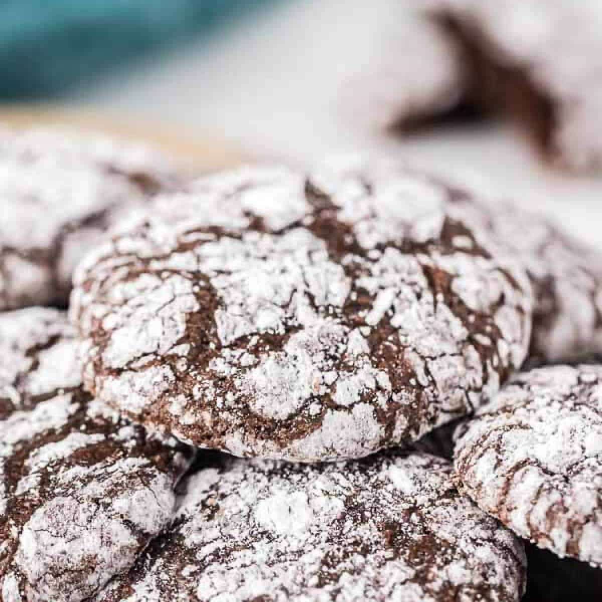 Close up photo of stack of brownie cookies.