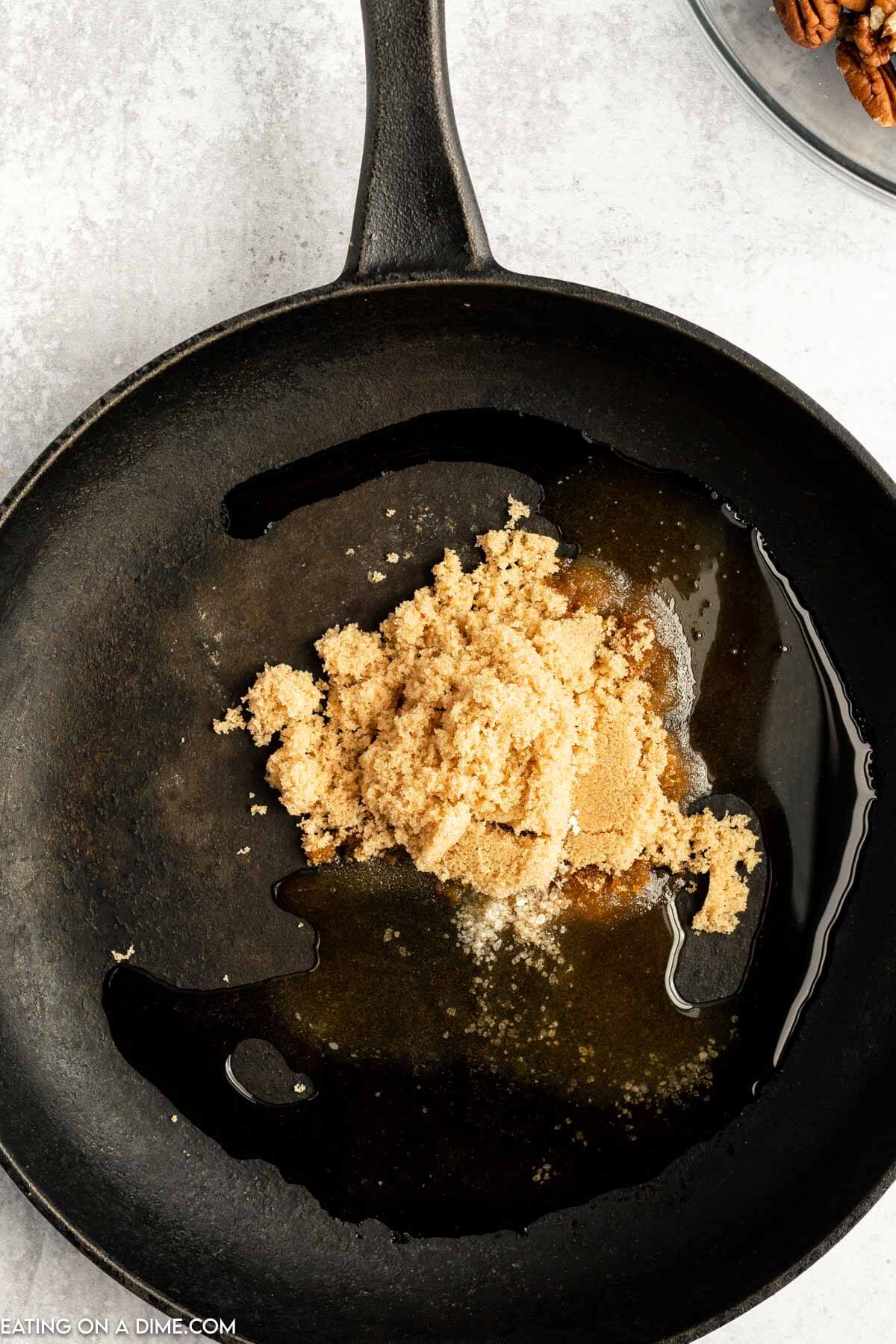 Brown sugar, water, and salt in a cast iron skillet