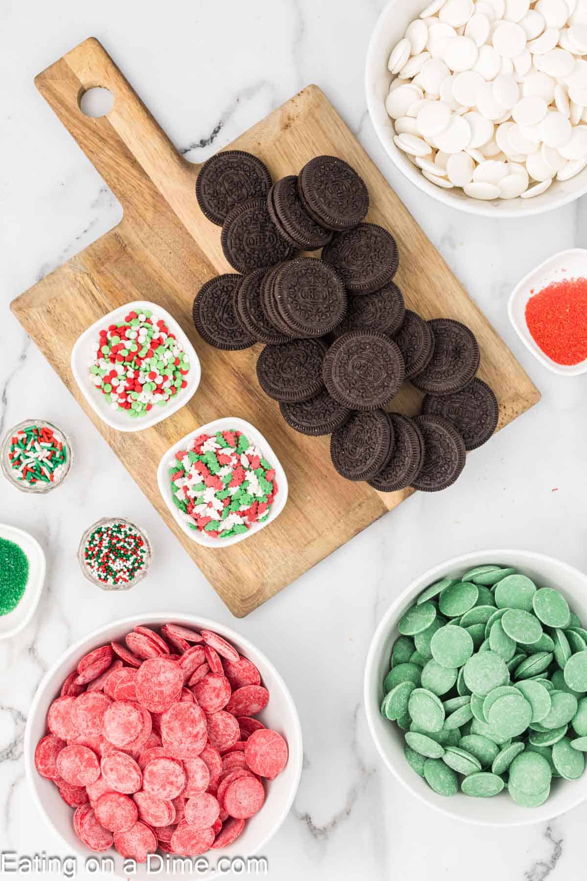 Ingredients - Oreos, white candy melt, red candy melt, green candy melt, Sprinkles