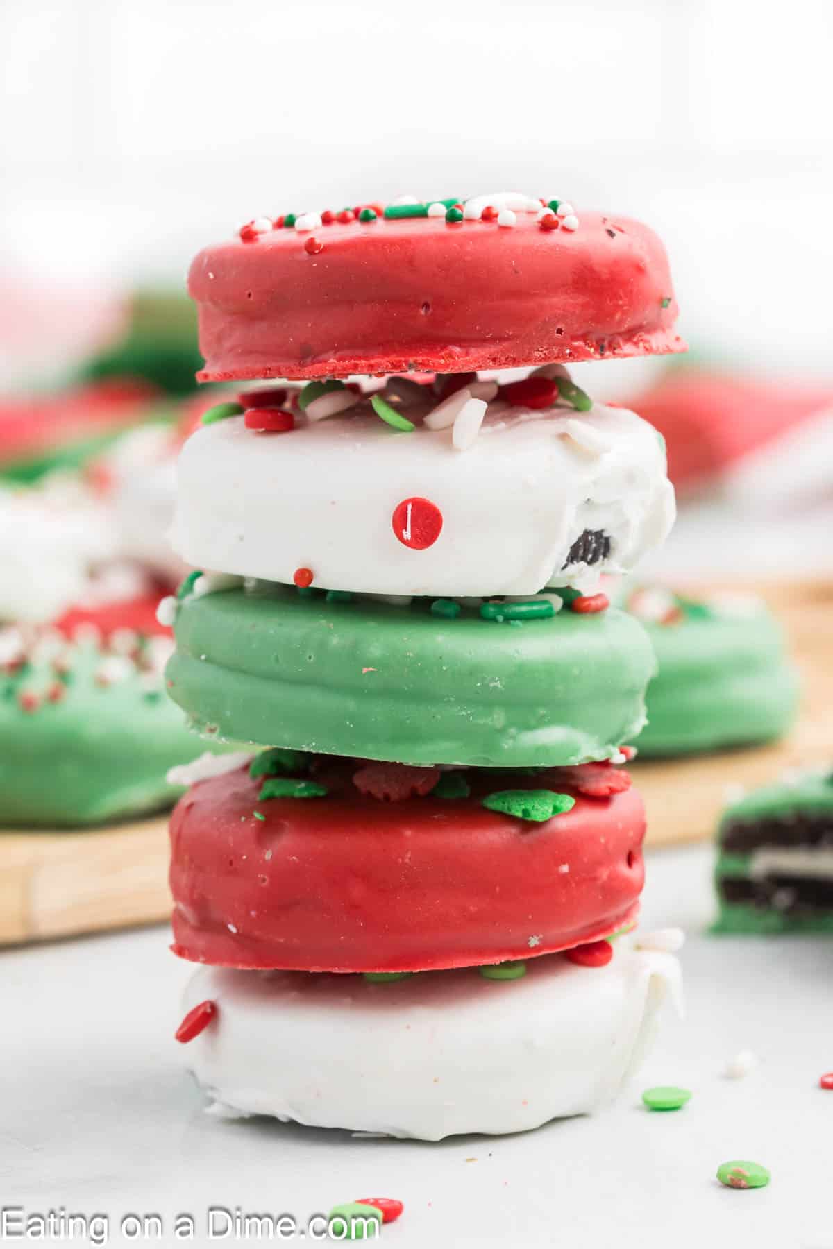 Red, White, Green Chocolate Covered Oreos stacked