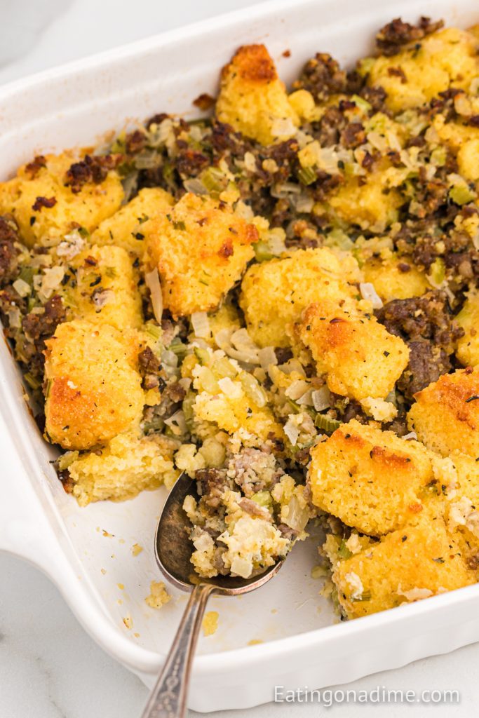 Cornbread sausage stuffing in a baking dish