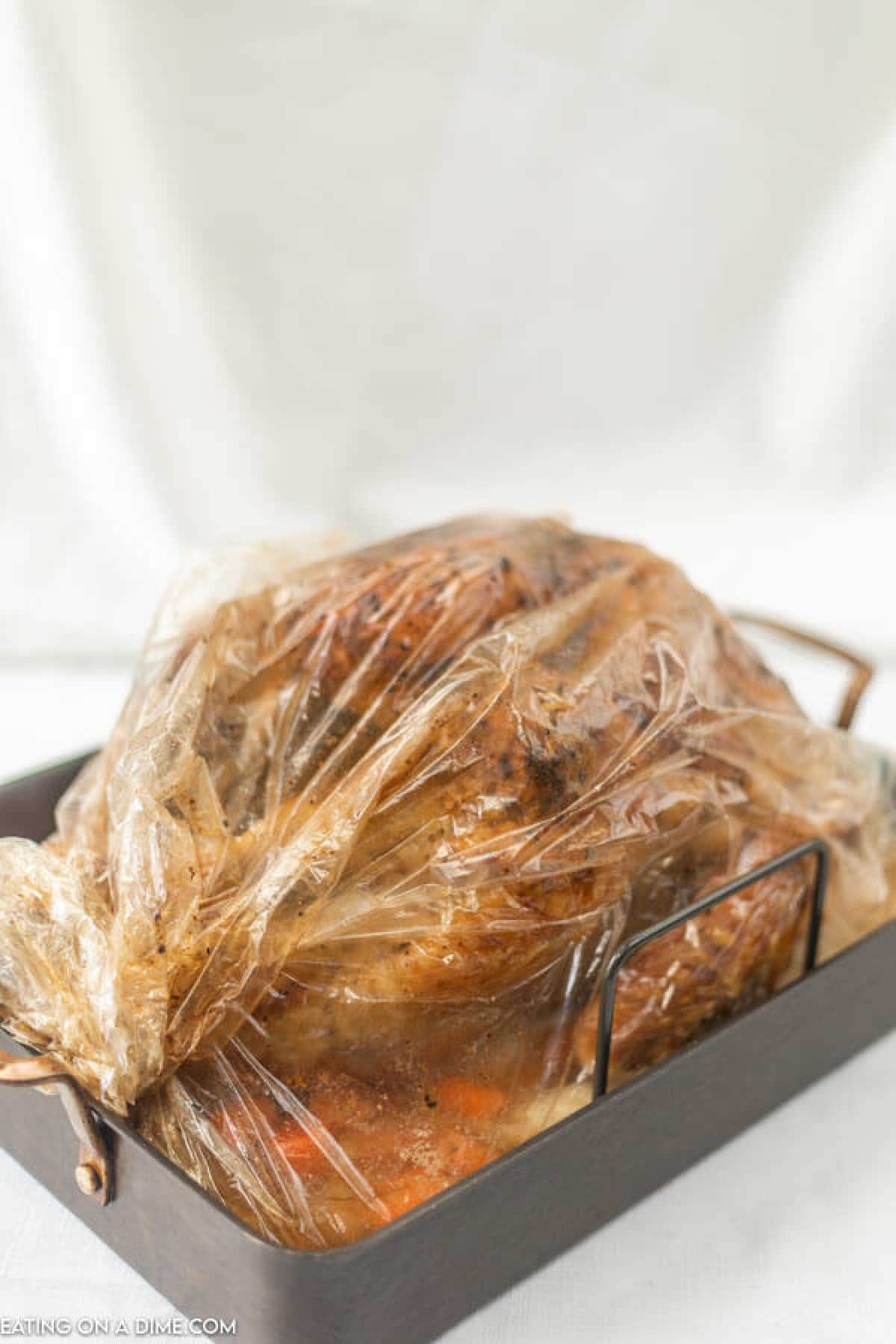 A seasoned turkey is expertly roasted in a baking bag, nestled in a dark roasting pan. The golden brown skin peeks through the translucent bag, illustrating the perfect method for how to cook a turkey in a bag. A white background highlights the savory texture of this succulent dish.