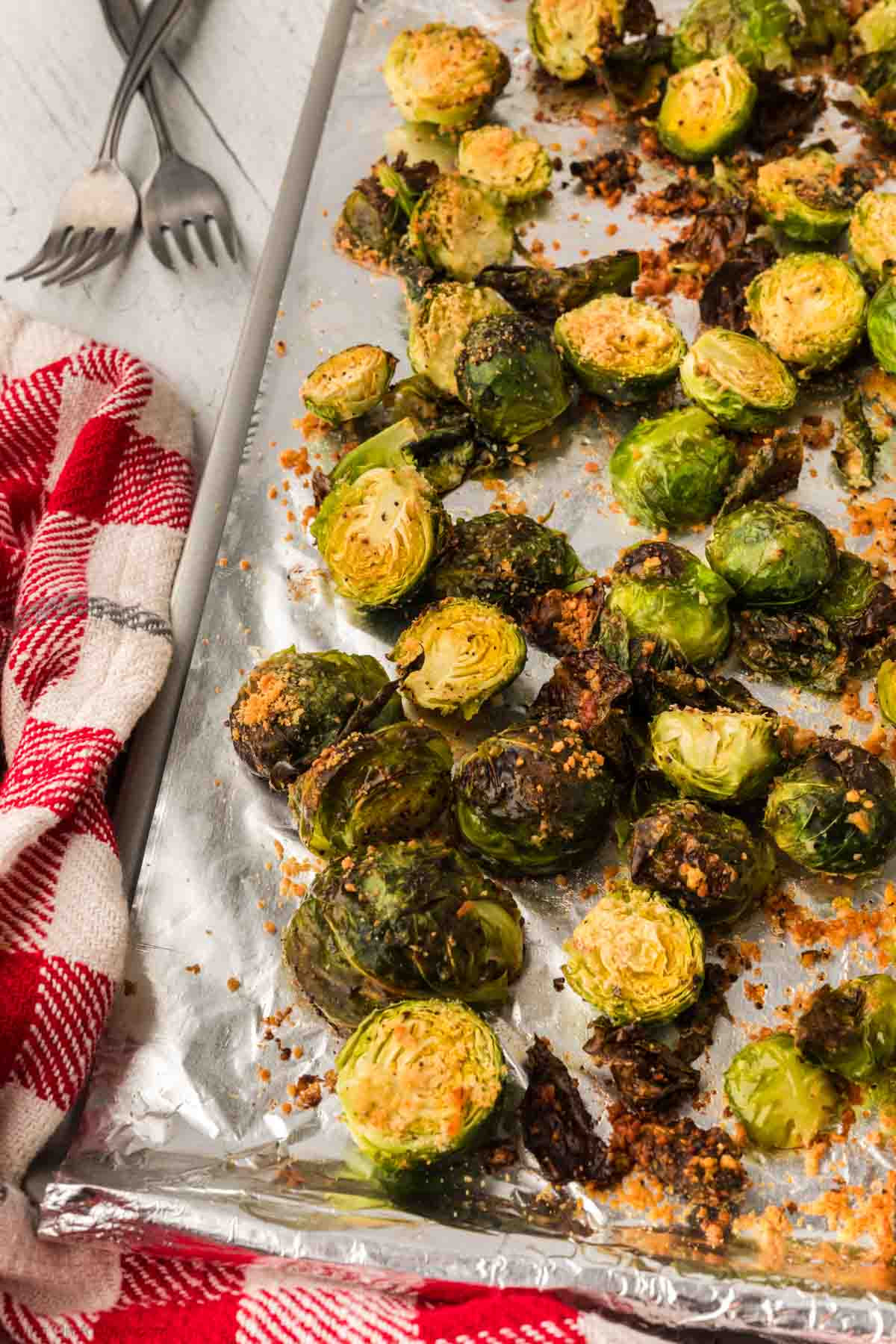 Roasted Brussel Sprouts on a baking sheet