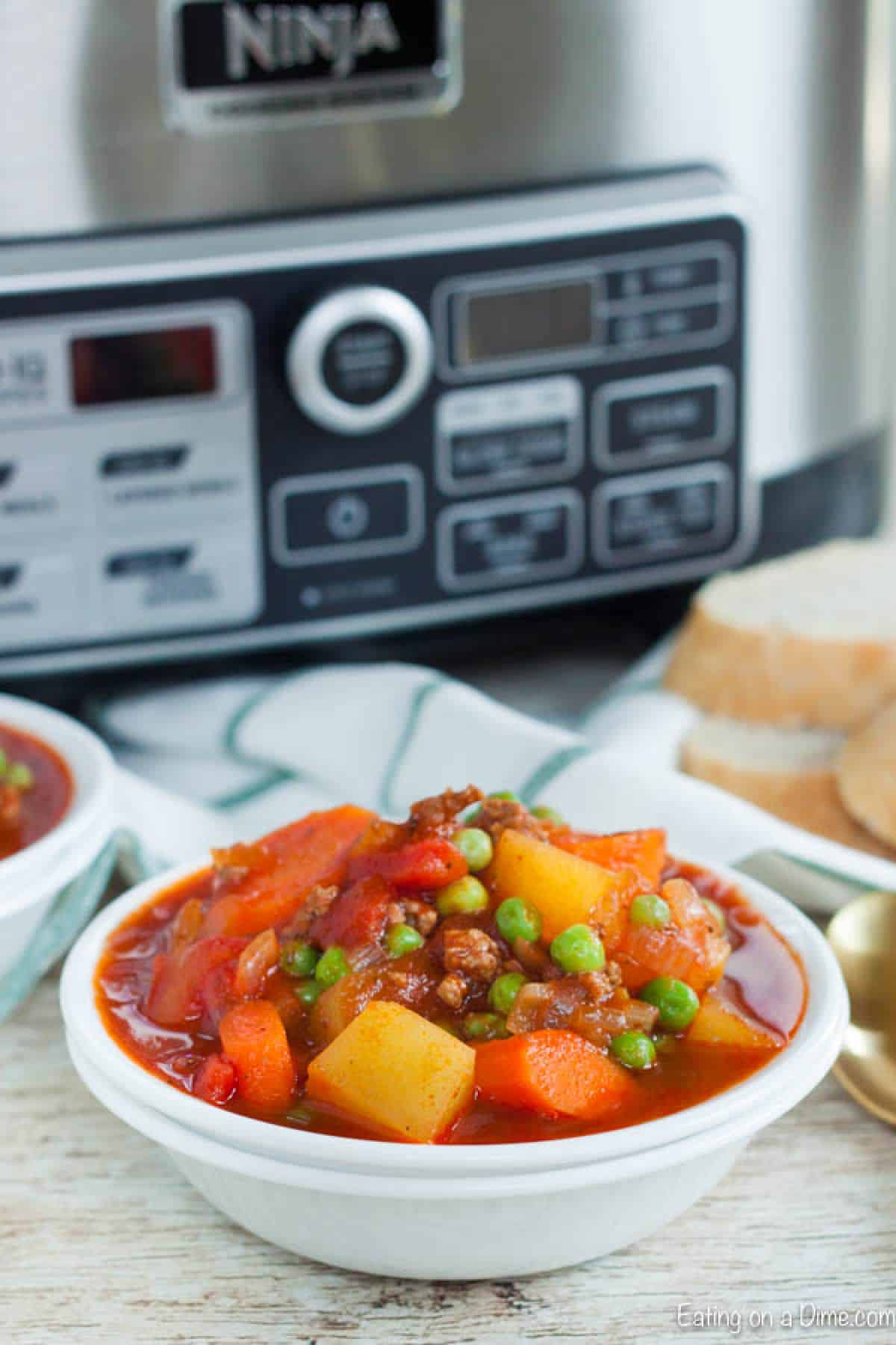 Ground Beef Stew in a white bowl