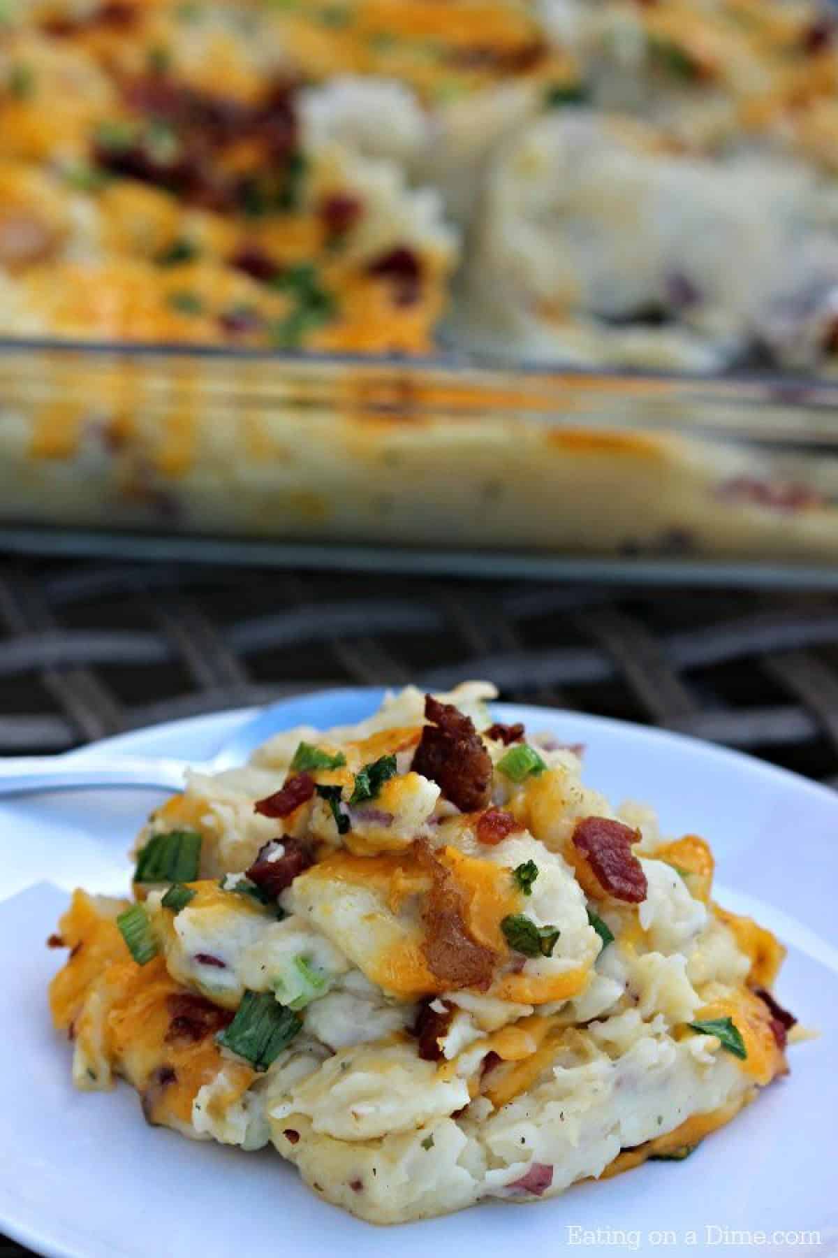 Twice bake potato casserole on a white plate 