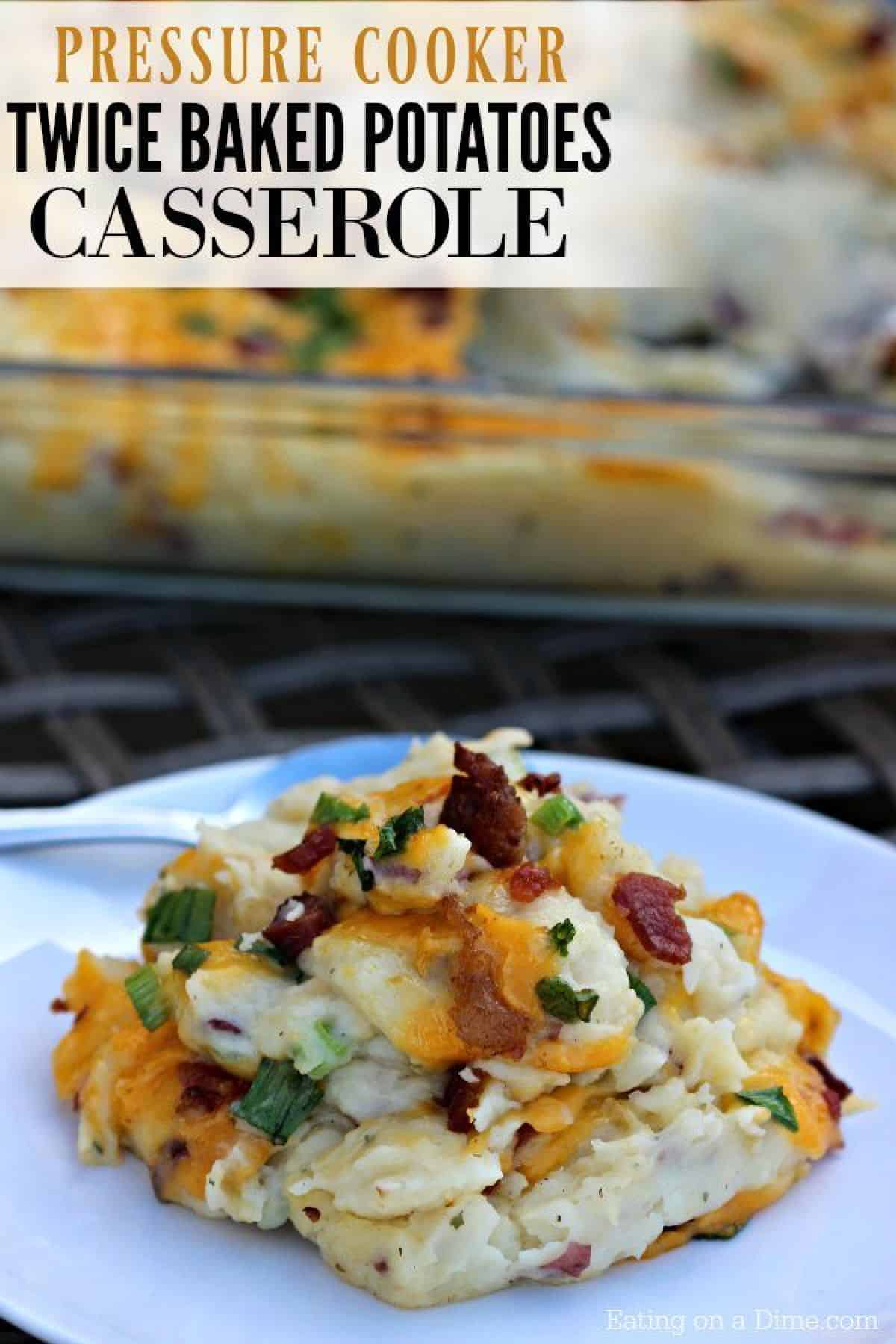 Twice bake potato casserole on a white plate 