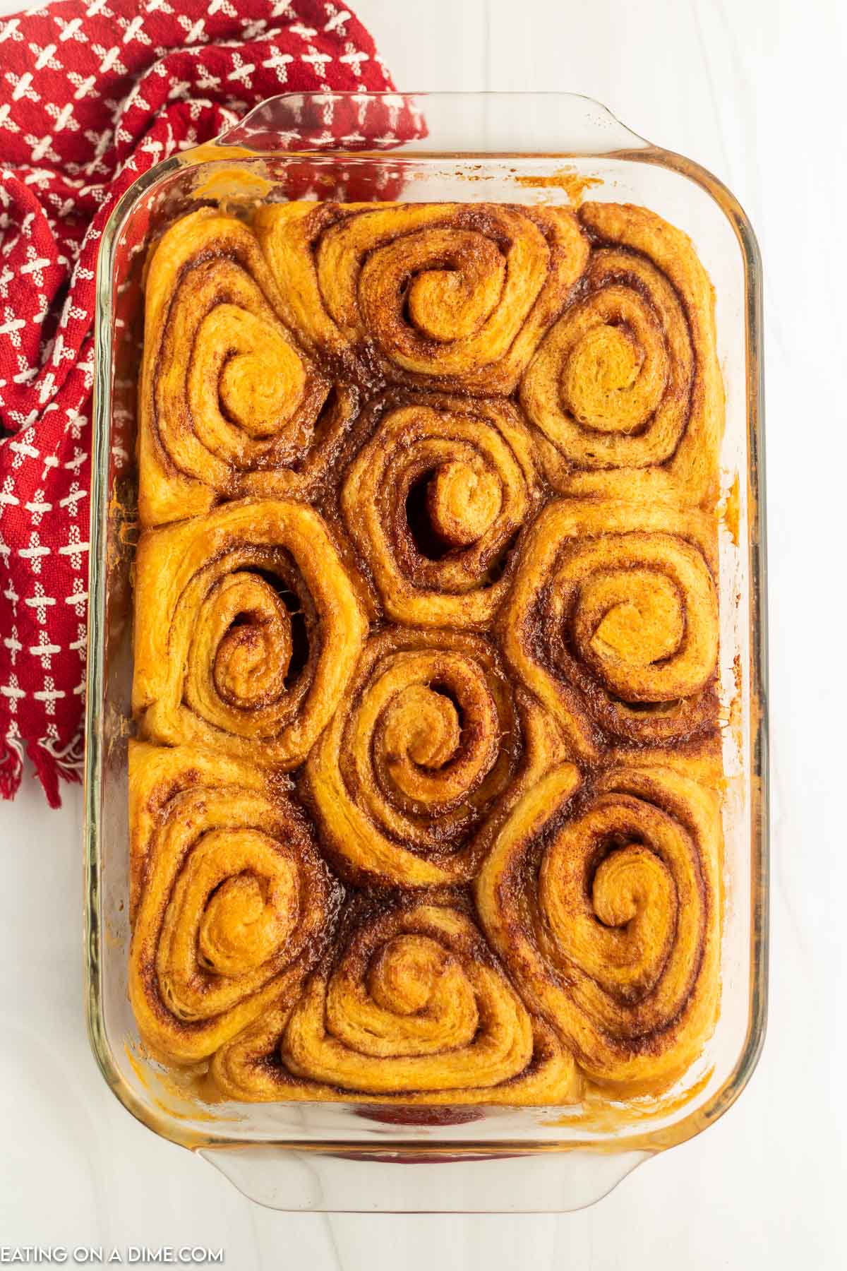 Baked cinnamon rolls in a baking dish