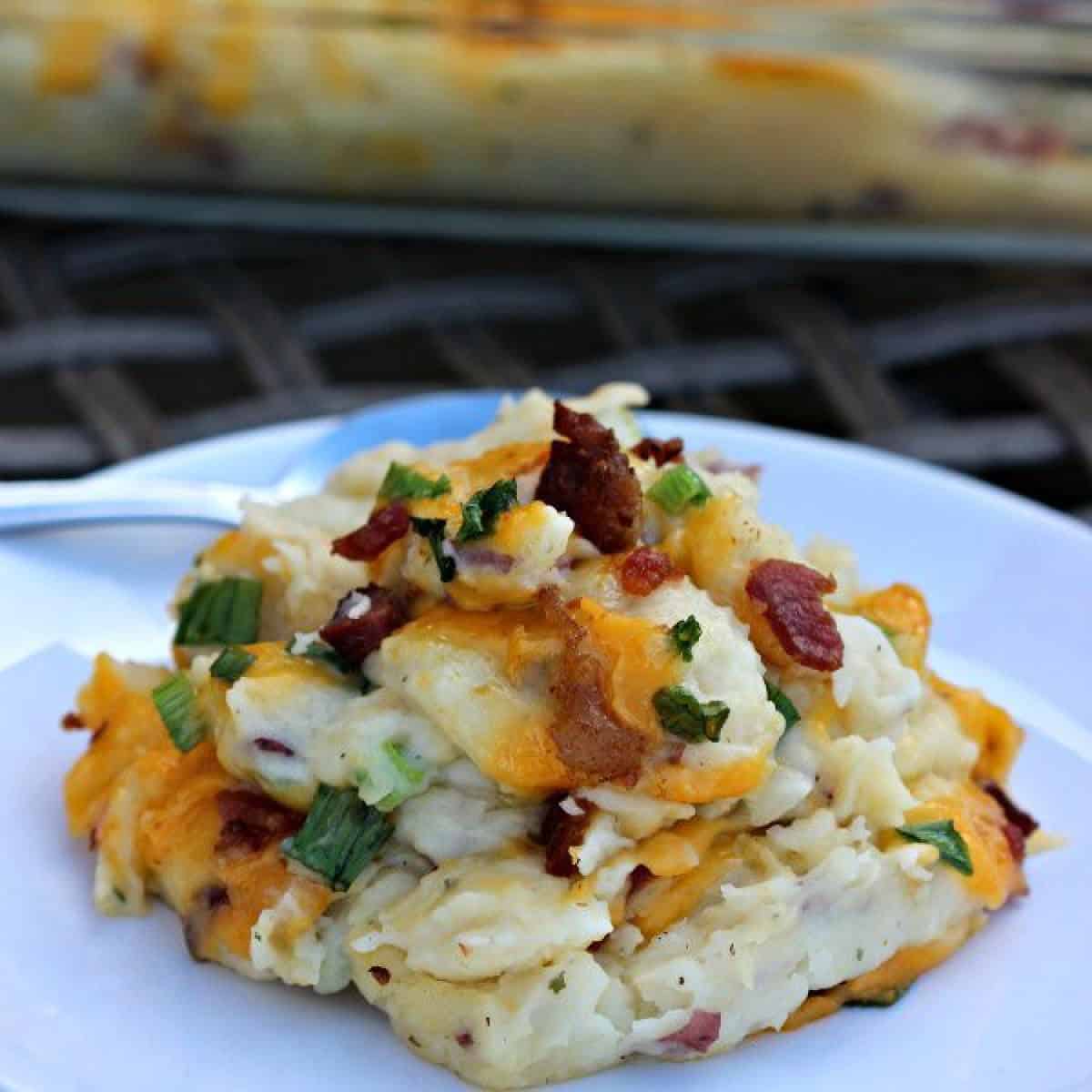 Twice bake potato casserole on a white plate  