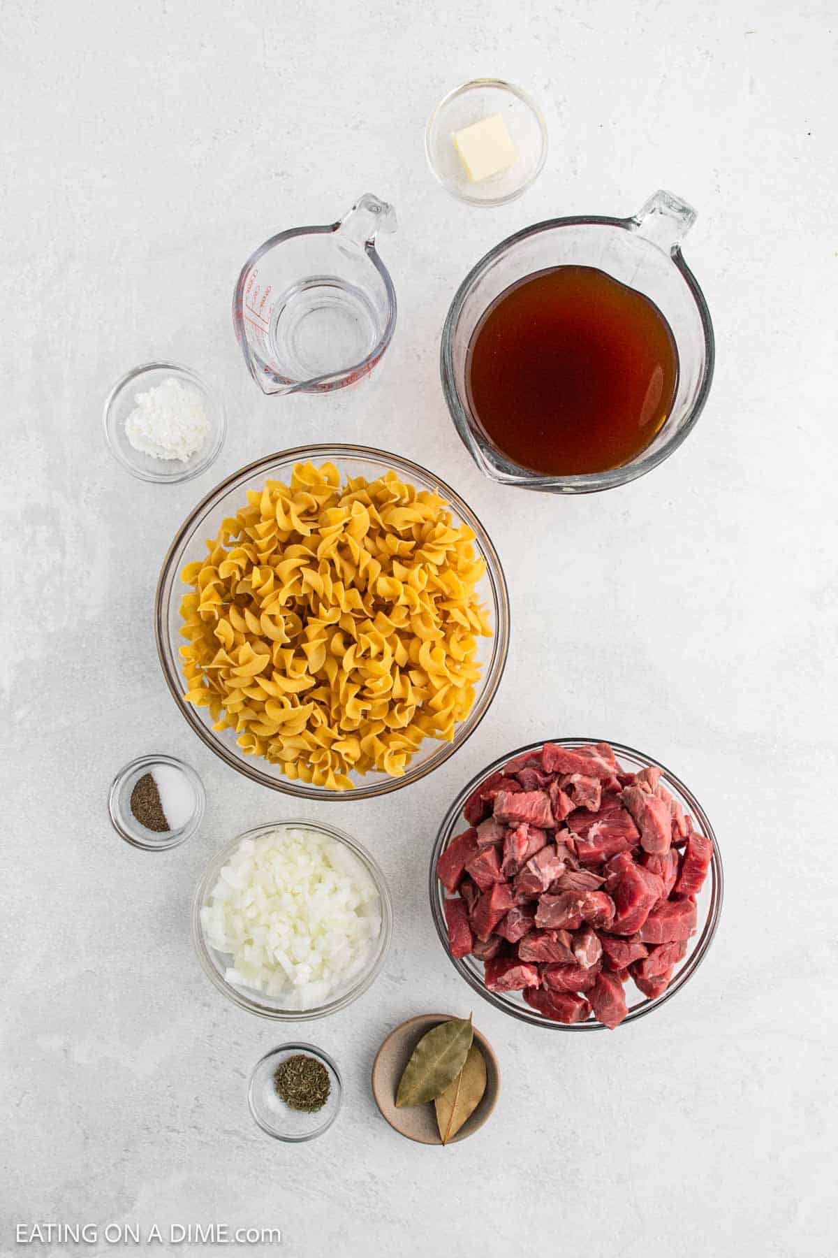 Ingredients - Beef Roast, butter, onion, beef broth, bay leaves, thyme leaves, salt, pepper, cornstarch, water, egg noodles