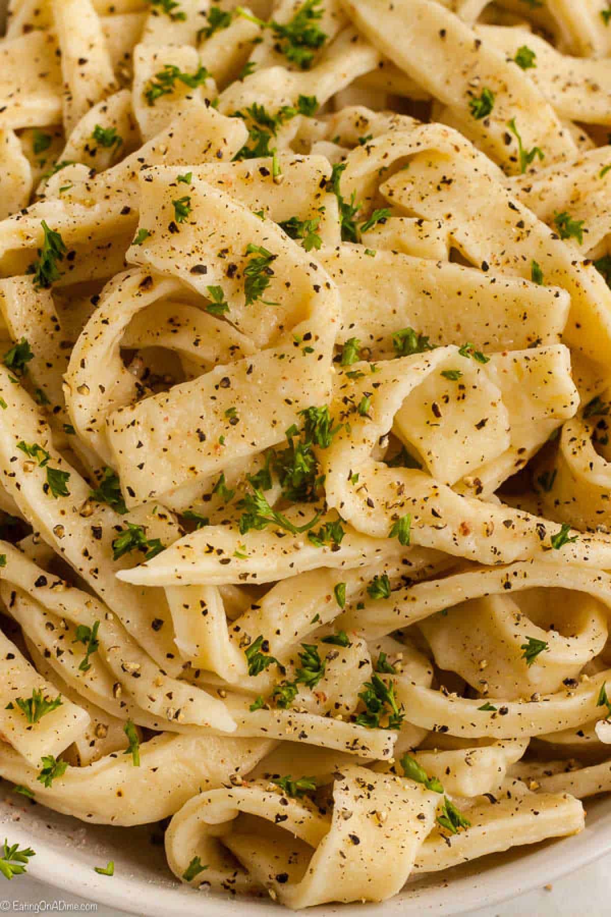 Homemade Noodles sprinkled with fresh herbs in a white bowl