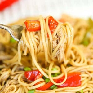 A fork holding a bite of stir-fried noodles with shredded chicken, red bell peppers, and green peas tantalizes in front of a blurred blend of the same dish, reminiscent of a delightful crock pot Chicken Lo Mein recipe.