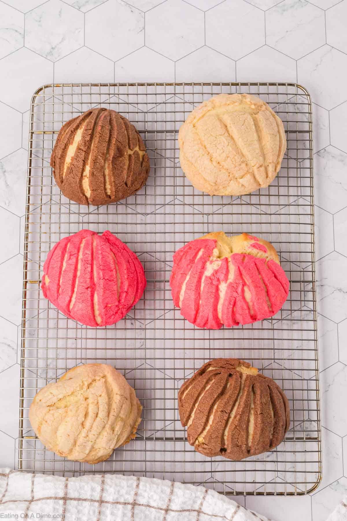 Six conchas, a classic Mexican sweet bread, rest on a cooling rack. Topped with a sugary crust in chocolate, pink, and beige hues, they tempt the senses. A patterned white cloth peeks from the bottom against a backdrop of hexagonal tiles.