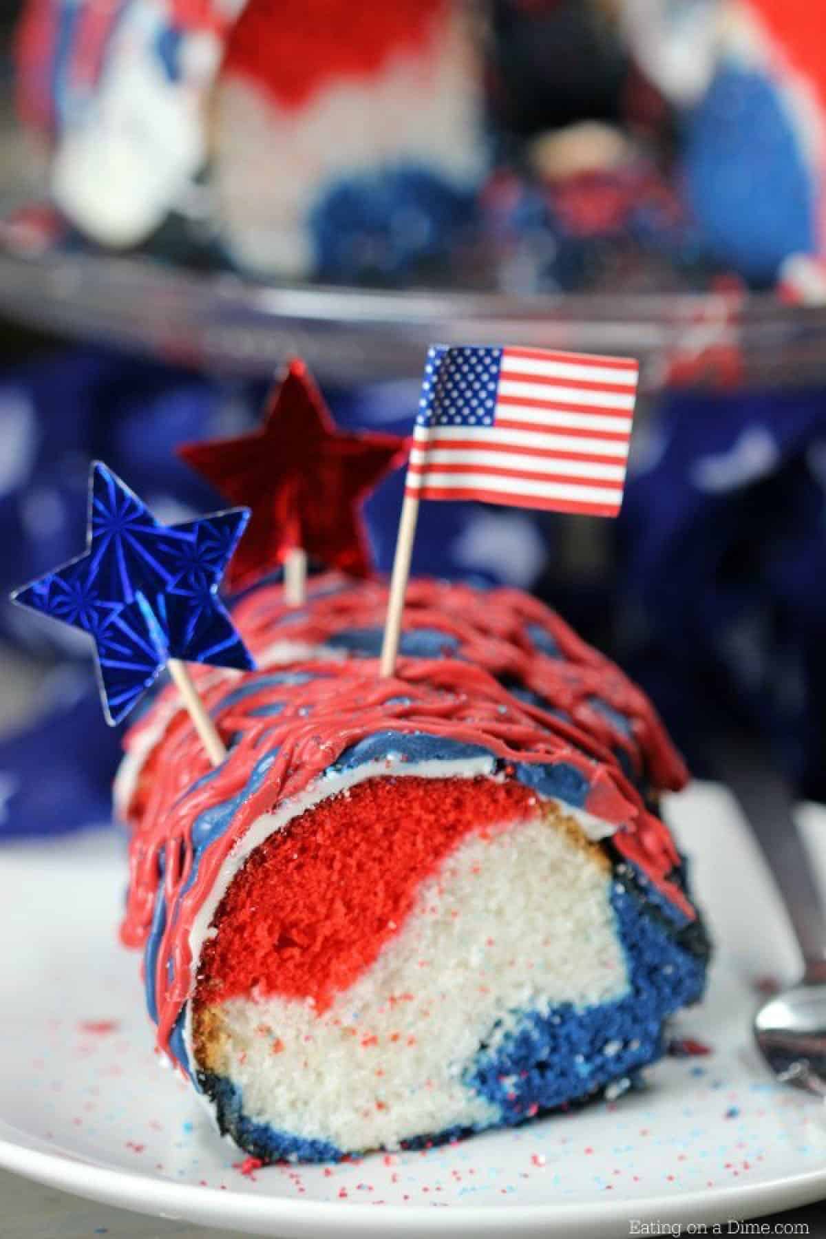 Slice of Red White and Blue cake on a plate