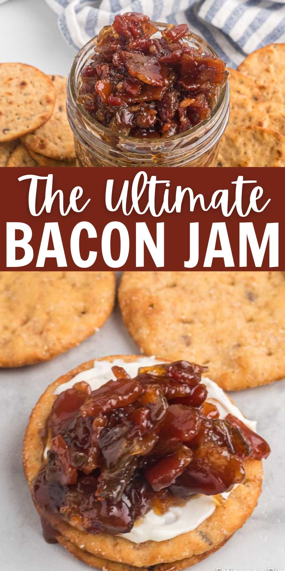 Bacon Jam is simple to make and delicious. It pairs perfectly with an assortment of cheese and crackers, grilled cheese, burgers and more. The sweet and savory taste is so wonderful and goes with an assortment of food. #eatingonadime #baconjam #homemadebaconjamrecipe