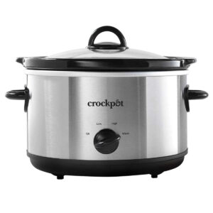 A stainless steel Crockpot slow cooker with black handles and a black removable lid. The front panel features a dial with settings for Off, Low, High, and Warm. Among the best crock pots, this slow cooker has a sleek and simple design, suitable for various cooking needs.