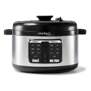 The stainless steel Crockpot Express Crock Multi-Cooker, ranked among the best multicookers, features a digital display and various cooking buttons on the control panel. It comes with black handles on each side and a sleek black lid.