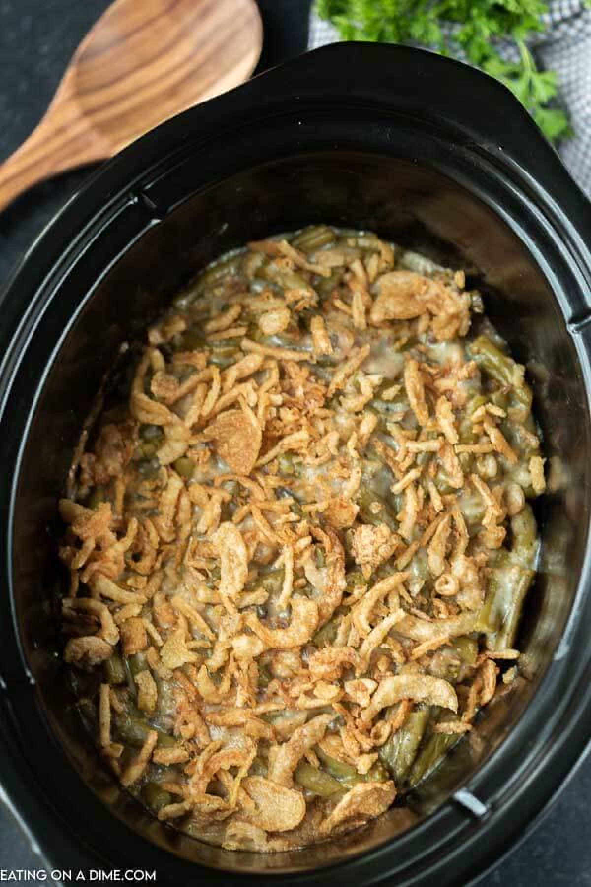 Slow Cooker Green Bean Casserole Recipe (Crockpot) - Dinner, then Dessert