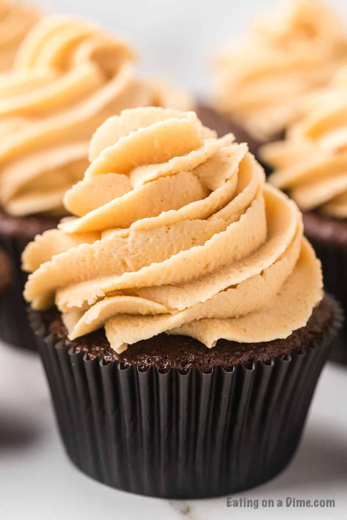 Close up image of chocolate peanut butter cupcake. 